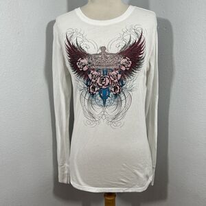 Stranded Shirt Womens L White Wings‎ Burnout Graphic Crew Y2K